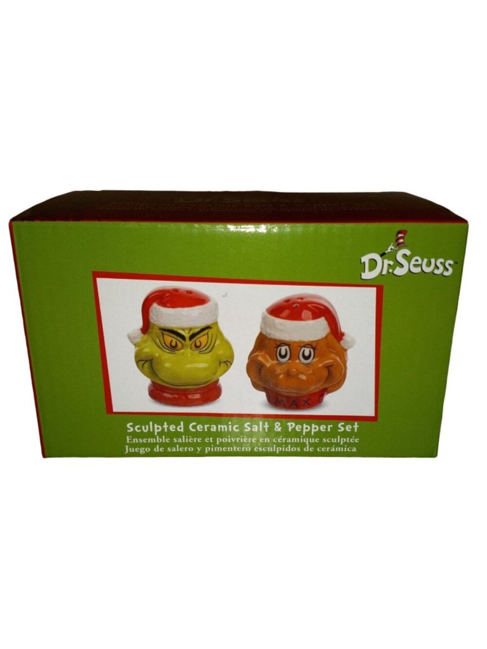 NIB Dr Seuss Grinch Salt & Pepper Shakers Christmas Holiday Ceramic Still in Box